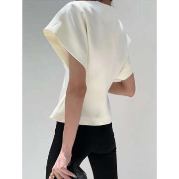 Cicy Bell Womens Trendy V Neck Tops Shirts Short Sleeve Button Down Slim Waist Summer Blouses White