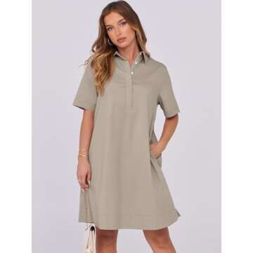 ANRABESS Womens Shirt Dress Summer Casual Loose Short Sleeve Button Down Oversized Flowy Beach Mini Dresses with Pockets Khaki Medium