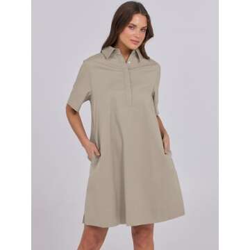 ANRABESS Womens Shirt Dress Summer Casual Loose Short Sleeve Button Down Oversized Flowy Beach Mini Dresses with Pockets Khaki Medium