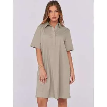 ANRABESS Womens Shirt Dress Summer Casual Loose Short Sleeve Button Down Oversized Flowy Beach Mini Dresses with Pockets Khaki Medium