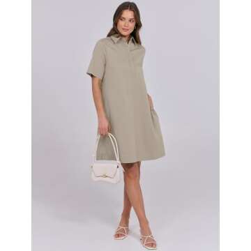 ANRABESS Womens Shirt Dress Summer Casual Loose Short Sleeve Button Down Oversized Flowy Beach Mini Dresses with Pockets Khaki Medium