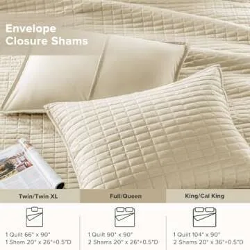 Comfort Spaces Kienna Quilt Set-Luxury Double Sided Stitching Design Summer Blanket, Lightweight, Soft, All Season Bedding Layer, Matching Sham, Ivory, Coverlet Full/Queen(90"x90") 3 Piece