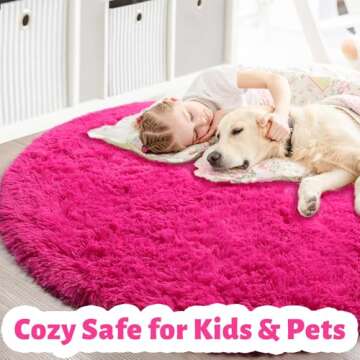 Hot Pink Round Rug 4Ft: Fluffy Plush Rug for Kids' Room Decor