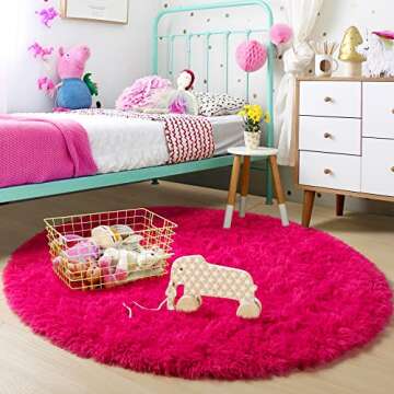 Hot Pink Round Fluffy Rug for Kid's Bedroom Charm