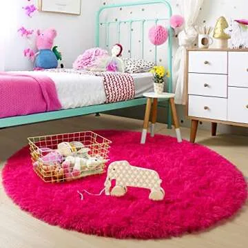 Hot Pink Round Fluffy Rug for Kid's Bedroom Charm