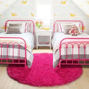 Hot Pink Round Fluffy Rug for Kid's Bedroom Charm
