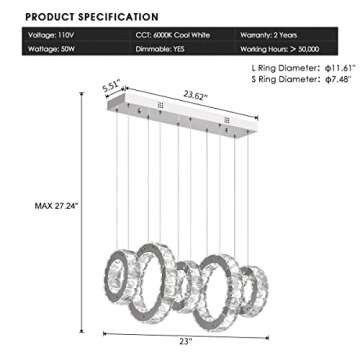 Buccleuch Modern Crystal Chandelier, Dimmable LED Ceiling Light Fixture 5-Ring Adjustable Stainless Steel Pendant Light, Silver Crystal Chandeliers for Dining Room, Bedroom, Living Room - Cool White