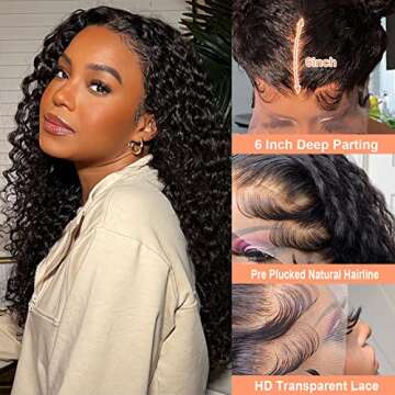 Hasiojth 13x6 Deep Wave Lace Front Wigs, 180 Density, Wet and Wavy HD Transparent Curly Lace Frontal Glueless Wigs Human Hair Pre Plucked With Baby Hair Wigs for Black Women Natural Black(20 Inch)