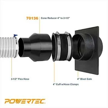 POWERTEC 70136 4 Inch Hose to 2-1/2 Inch Hose Cone Reducer, Dust Collection Fittings for Dust Collec...