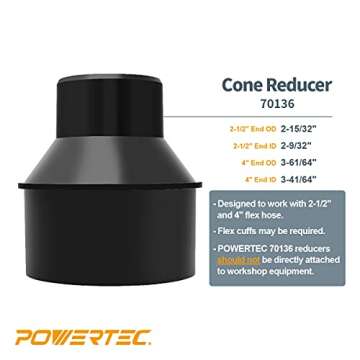 POWERTEC 70136 4 Inch Hose to 2-1/2 Inch Hose Cone Reducer, Dust Collection Fittings for Dust Collection Hose, Dryer Vent Hose & Shop Vacuum Hose Connection, 1 Pack