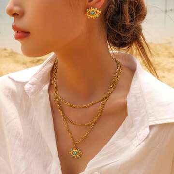 UniLogue Bohemian Common Luxury Stainless Steel 18k Gold Plated Turquoise Evil Eye Lace Chain, Unique and Versatile, Layered Choker Chain, Retro Devine Eye Gold Necklace Bracelet (Necklace)