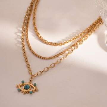 UniLogue Bohemian Common Luxury Stainless Steel 18k Gold Plated Turquoise Evil Eye Lace Chain, Unique and Versatile, Layered Choker Chain, Retro Devine Eye Gold Necklace Bracelet (Necklace)