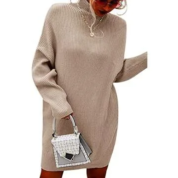 Trish Lucia Womens Turtleneck Oversized Sweaters Dress Long Sleeve Drop Shoulder Pullover Loose Knit Dresses Khaki
