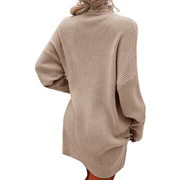 Trish Lucia Womens Turtleneck Oversized Sweaters Dress Long Sleeve Drop Shoulder Pullover Loose Knit Dresses Khaki