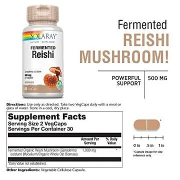Solaray Fermented Reishi Mushroom 500mg | Healthy Immune, Heart & Brain Function Support | Energy & Mood Supplement | 60 VegCaps