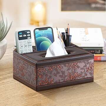 Multi-Functional Tissue Box Cover Rectangle, Leather Decorative Napkin Dispenser Organizer Caddy with 3 TV Remote Control Holder Compartment Bathroom, Modern Office Desk Decor and Accessories, Antique