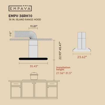Empava Island Stove Range Hood Vent 36 Inch Ceiling Mount, 400 CFM | Dual-Sided Touch Control | 3 Speeds | 4 LED Lights | Stainless Steel, Ducted/Ductless (Conversion Kit Not Included)