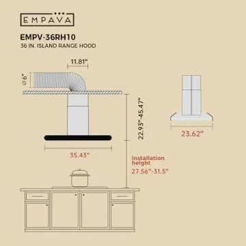 Empava Island Stove Range Hood Vent 36 Inch Ceiling Mount, 400 CFM | Dual-Sided Touch Control | 3 Speeds | 4 LED Lights | Stainless Steel, Ducted/Ductless (Conversion Kit Not Included)