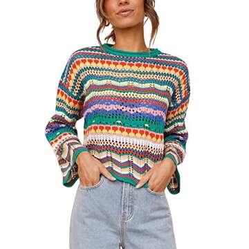 Women' s Y2K Crochet Crop Top See Through Hollow Out Sweater Pullover Long Sleeve Knit Color Block C...
