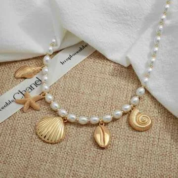 LILIE&WHITE Gold Seashell Necklace For Women With Conch Starfish Shell Necklaces Gold Sea Shell Jewelry Gold Charms Necklace Mermaid Necklace Jewelry Gift Mermaid accessories women Mermaid necklace