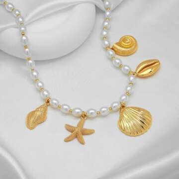 LILIE&WHITE Gold Seashell Necklace For Women With Conch Starfish Shell Necklaces Gold Sea Shell Jewelry Gold Charms Necklace Mermaid Necklace Jewelry Gift Mermaid accessories women Mermaid necklace