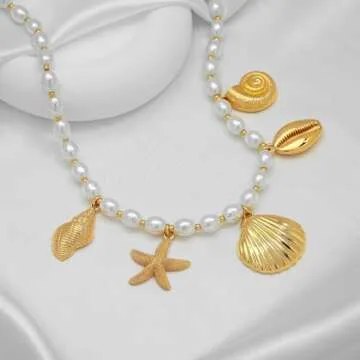 LILIE&WHITE Gold Seashell Necklace For Women With Conch Starfish Shell Necklaces Gold Sea Shell Jewelry Gold Charms Necklace Mermaid Necklace Jewelry Gift Mermaid accessories women Mermaid necklace