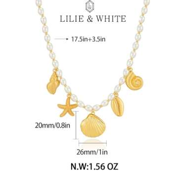 LILIE&WHITE Gold Seashell Necklace For Women With Conch Starfish Shell Necklaces Gold Sea Shell Jewelry Gold Charms Necklace Mermaid Necklace Jewelry Gift Mermaid accessories women Mermaid necklace