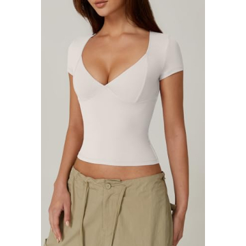 QINSEN Short Sleeve V Neck Tee for Women - Stylish Comfort