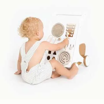 GATHRE Baby Activity Walker | Wooden Push Baby Walker with Wheels | Busy Board and Toys Included | Great for Ages 12+ Months | Easily Wipeable | Modern Beige Aesthetic | 20in x 13in x 12.5in
