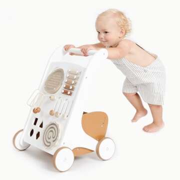 GATHRE Baby Activity Walker | Wooden Push Baby Walker with Wheels | Busy Board and Toys Included | Great for Ages 12+ Months | Easily Wipeable | Modern Beige Aesthetic | 20in x 13in x 12.5in