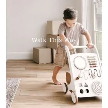 GATHRE Baby Activity Walker | Wooden Push Baby Walker with Wheels | Busy Board and Toys Included | Great for Ages 12+ Months | Easily Wipeable | Modern Beige Aesthetic | 20in x 13in x 12.5in