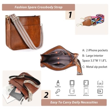 KlaOYer 2 Adjustable Strap Bag,Crossbody Bags Women,Guitar Strap Purse,Vegan Handbags Soft Shoulder Bag For Women(Brown 4)
