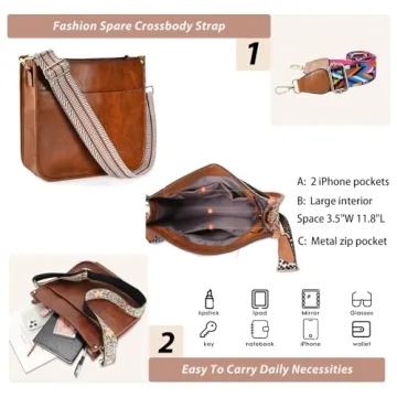 KlaOYer 2 Adjustable Strap Bag,Crossbody Bags Women,Guitar Strap Purse,Vegan Handbags Soft Shoulder Bag For Women(Brown 4)