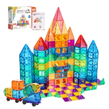 Magnetic Tiles, 100PCS Magnetic Building Blocks for Kids, Magnet 3D Montessori Kids Toy Set, Buildin...