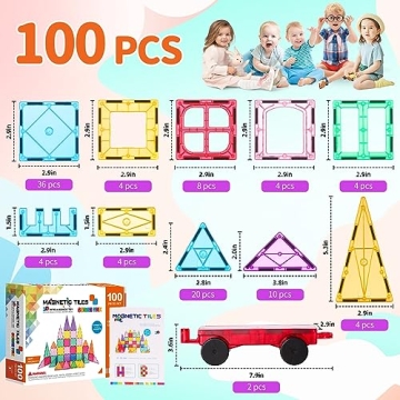 Magnetic Tiles, 100PCS Magnetic Building Blocks for Kids, Magnet 3D Montessori Kids Toy Set, Building Construction Educational STEM Toys for 3+ Year Old Boys and Girls Christmas Birthday Gifts