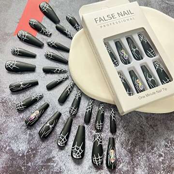 Halloween Press on Nails Long Coffin White Spider Web Fake Nails with Rhinestones Stick on Nail Blac...