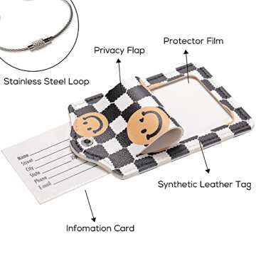 2 PCS Cute Checkered Luggage Tag for Suitcases PU Leather Identifiers Privacy Name Address Label Card Suitcase Tags with Stainless Steel Loop for Women Men Travel Luggage Accessories