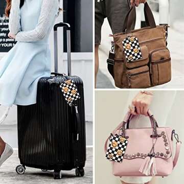 2 PCS Cute Checkered Luggage Tag for Suitcases PU Leather Identifiers Privacy Name Address Label Card Suitcase Tags with Stainless Steel Loop for Women Men Travel Luggage Accessories