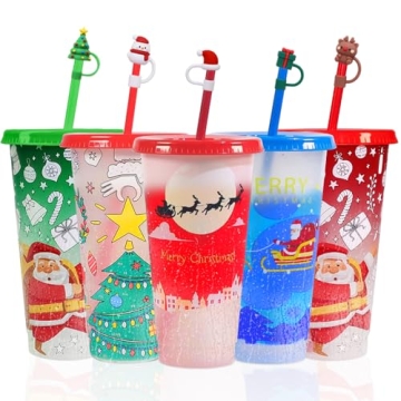 TANSHICT 5 Pack Christmas Color Changing Cups with Lids and Straws Includes Straw Covers