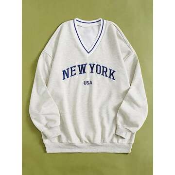 SOLY HUX Women's New York Letter Graphic Sweatshirt V Neck Long Sleeve Casual Pullover Tops Light Grey Letter M