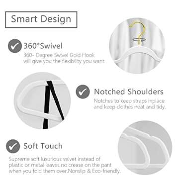 MIZGI Premium Velvet Hangers Pack 30 Pcs Heavyduty - Non Slip Slimline - Velvet Suit Hangers White - Gold Hooks,Space Saving Clothes Hangers