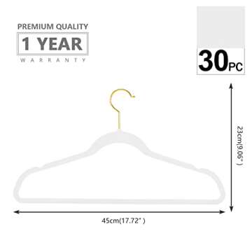 MIZGI Premium Velvet Hangers Pack 30 Pcs Heavyduty - Non Slip Slimline - Velvet Suit Hangers White - Gold Hooks,Space Saving Clothes Hangers