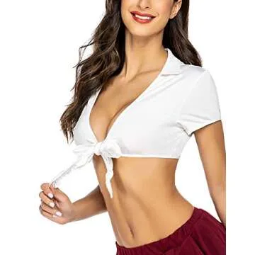 Avidlove Women's Sexy Tie Front Short Sleeve Crop Top, Deep V Neck Basic Shirt, White Lingerie Top
