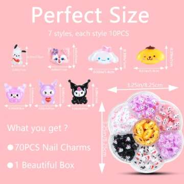 70 Pcs Nail Charms, TemBelle Slime Charms, Resin Flatbacks 3D Nail Charms for Nail Art Decorations Supplies, DIY Art Nail,Hair Clips, Refrigerator Magnets, Dress Up and Phone Cases Etc (7Colors) (B)