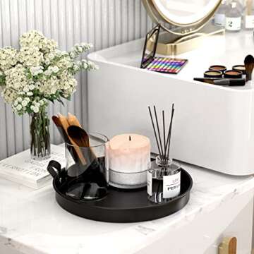 EKNITEY Circle Decorative Serving Tray - Round Vanity Tray, Bathroom Tray for Jewelry, Perfume, Coffee, Candle, Cosmetic (Black,10.6")