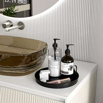 EKNITEY Circle Decorative Serving Tray - Round Vanity Tray, Bathroom Tray for Jewelry, Perfume, Coffee, Candle, Cosmetic (Black,10.6")