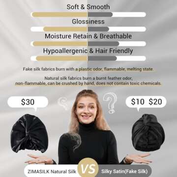 ZIMASILK 22 Momme 100% Mulberry Silk Bonnet for Sleeping & Women Hair Care, Highest Grade 6A Silk Hair wrap for Sleeping with Premium Elastic Stay On Head (1Pc, Black)