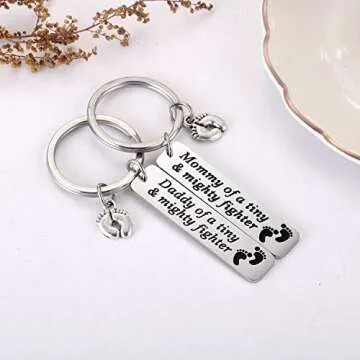 Ralukiia NICU Dad Mom Preemie Baby Gift - Mommy/Daddy of A Tiny Mighty Fighter Keychain Support NICU Parents Care Basket Neonatal Intensive Care Unit Gift