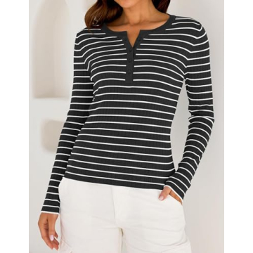 ZESICA Long Sleeve Striped V Neck Shirt for Women