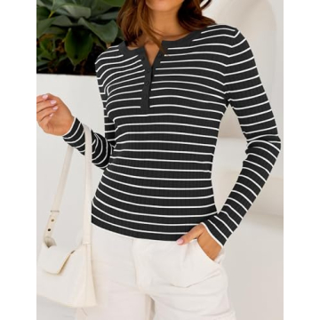 ZESICA Long Sleeve Striped V Neck Shirt for Women